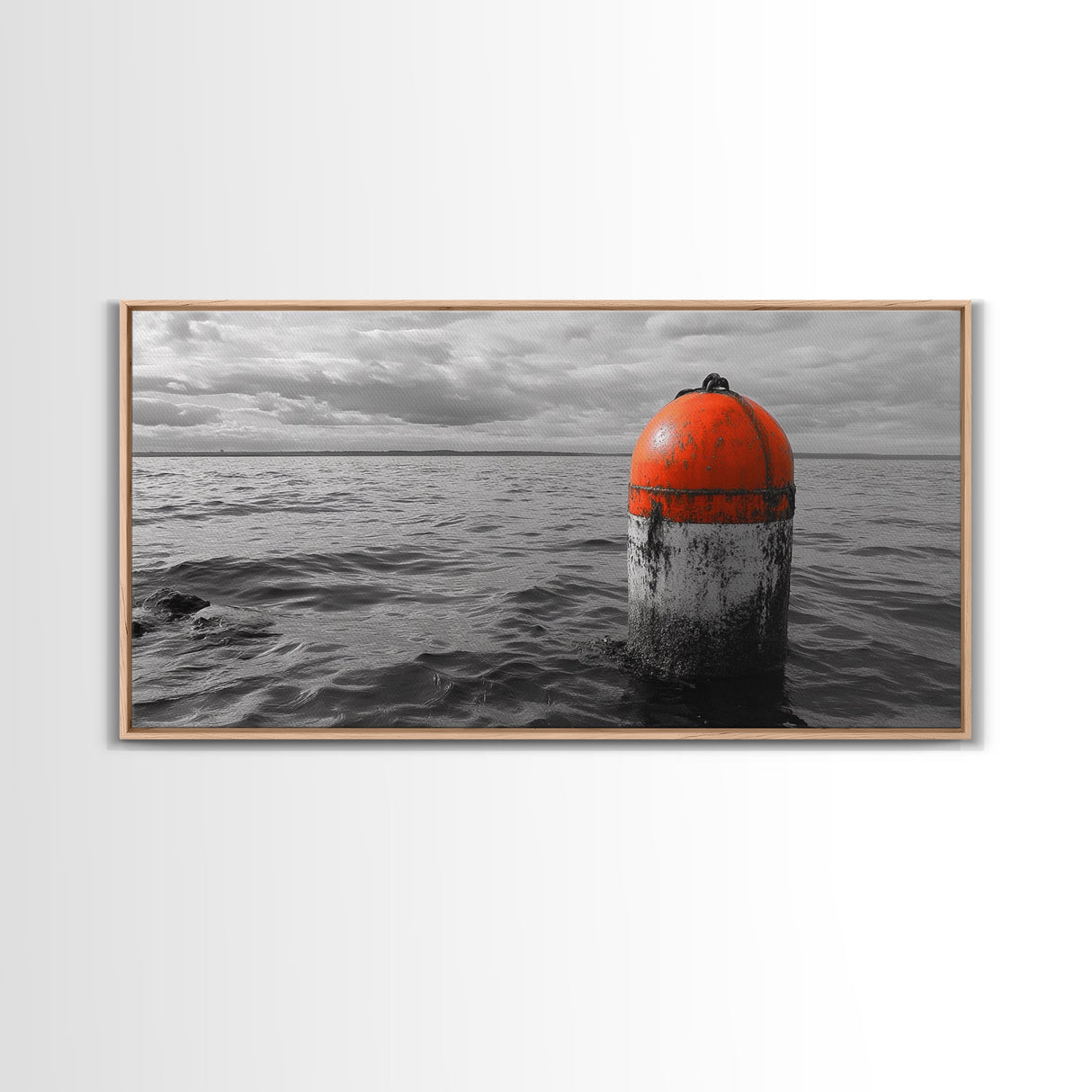 Orange Buoy Water, Marine Marker, Sea Navigation, Ocean Decor, Canvas Print, Coastal Living Room Art, Minimal Nautical Wall Decor