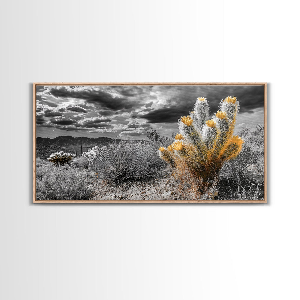 Golden Bloom Cactus, Desert Storm Landscape, Framed Canvas Print, Rustic Decor, Boho Western Art, Entryway Wall Art, Autumn Style