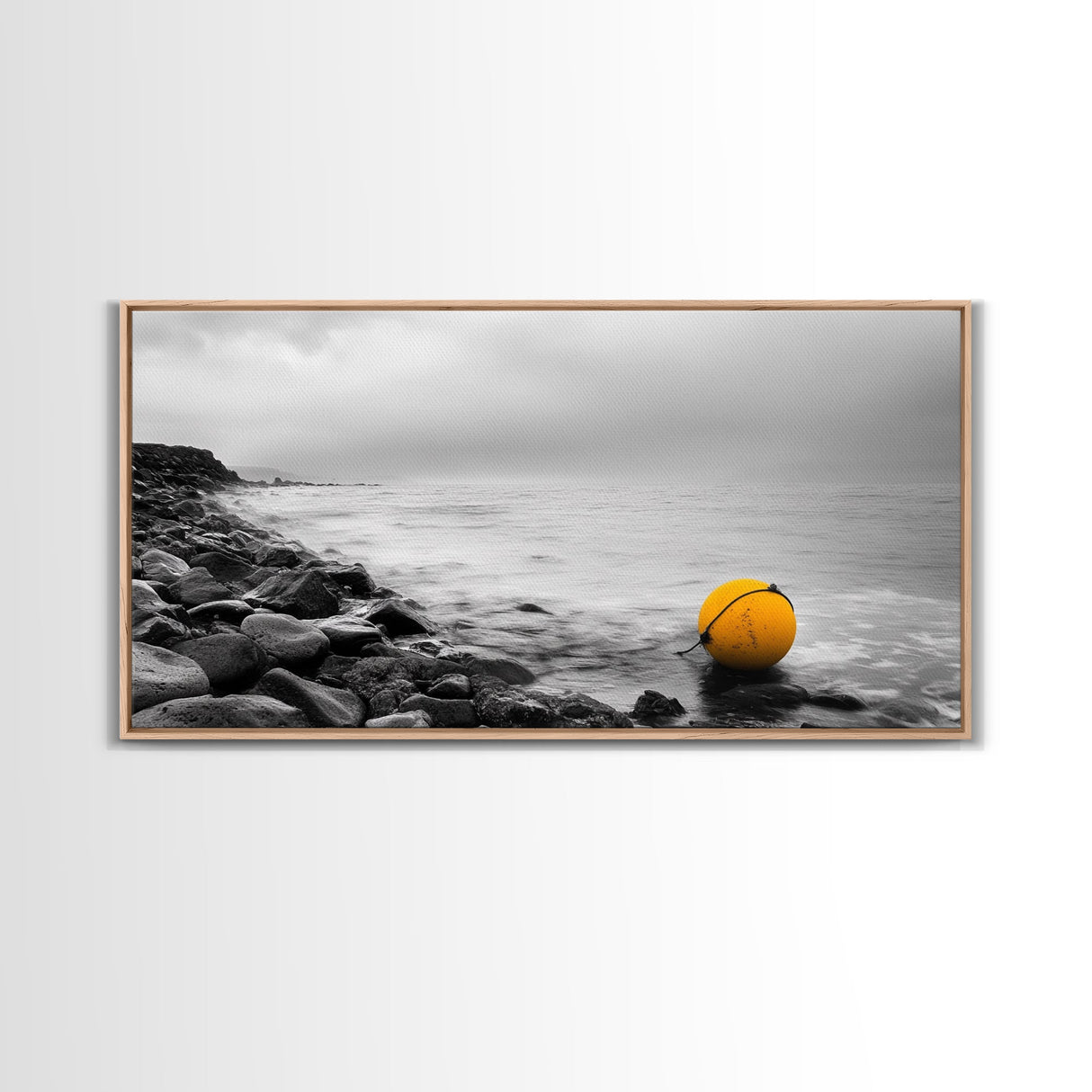 Yellow Buoy, Ocean Minimalism, Coastal Calm, Seaside Solitude, Canvas Print beach house wall decor, black and white modern art