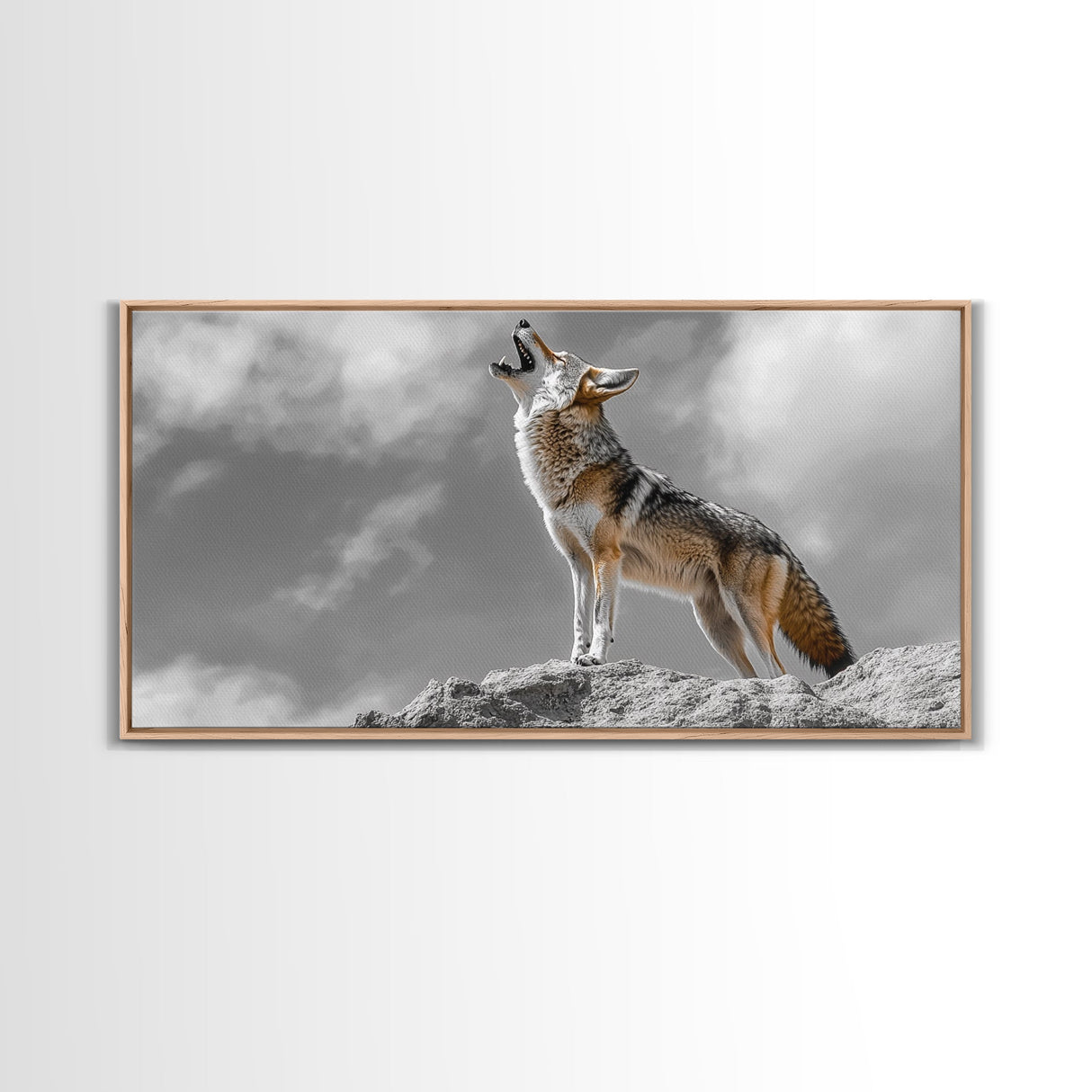 Howling Coyote Peak, Desert Wildlife Portrait, Majestic Animal Scene, Framed Canvas Print, Cabin Decor, Nature Wall Art, Minimalist Vibe