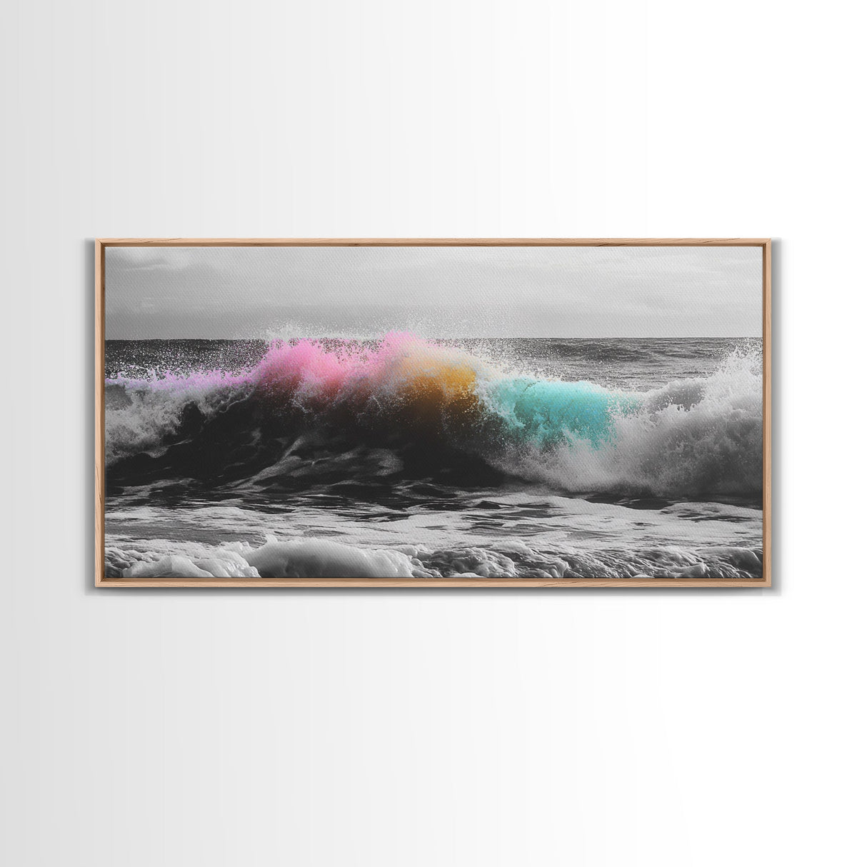 Rainbow Ocean Wave, Vibrant Sea Spray Art, Color Explosion Surf, Framed Canvas Print, Bathroom Wall Art, Coastal Modern Abstract