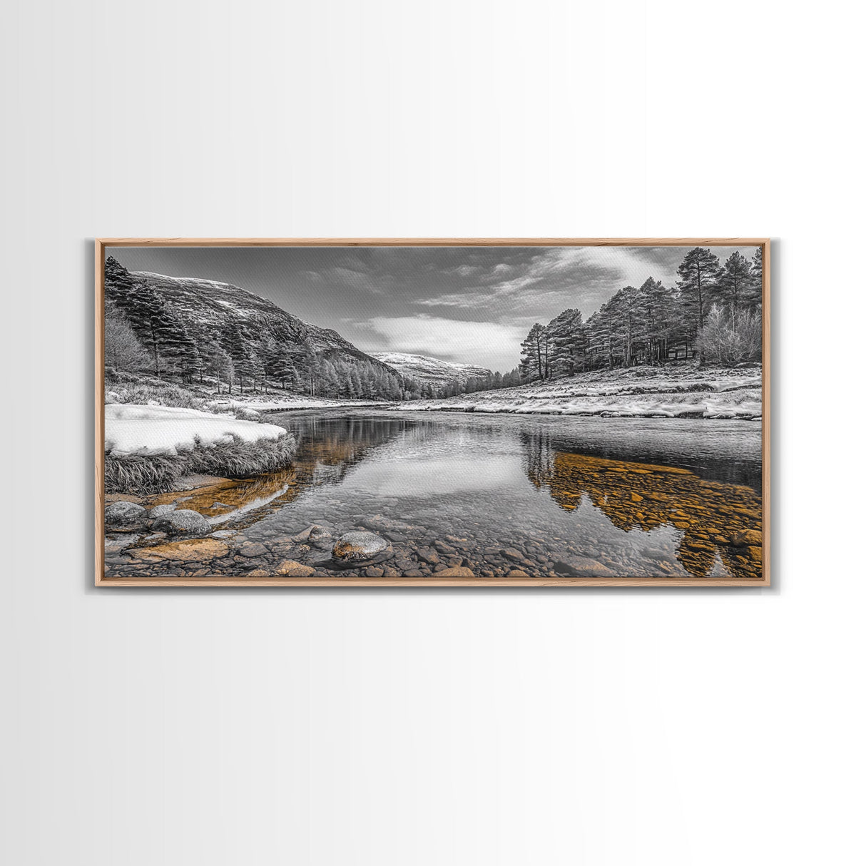 Snow River Scene, Winter Landscape, Peaceful Stream, Framed Canvas Print, Rustic Cabin Decor, Nature Wall Art, Minimalist Winter Aesthetic
