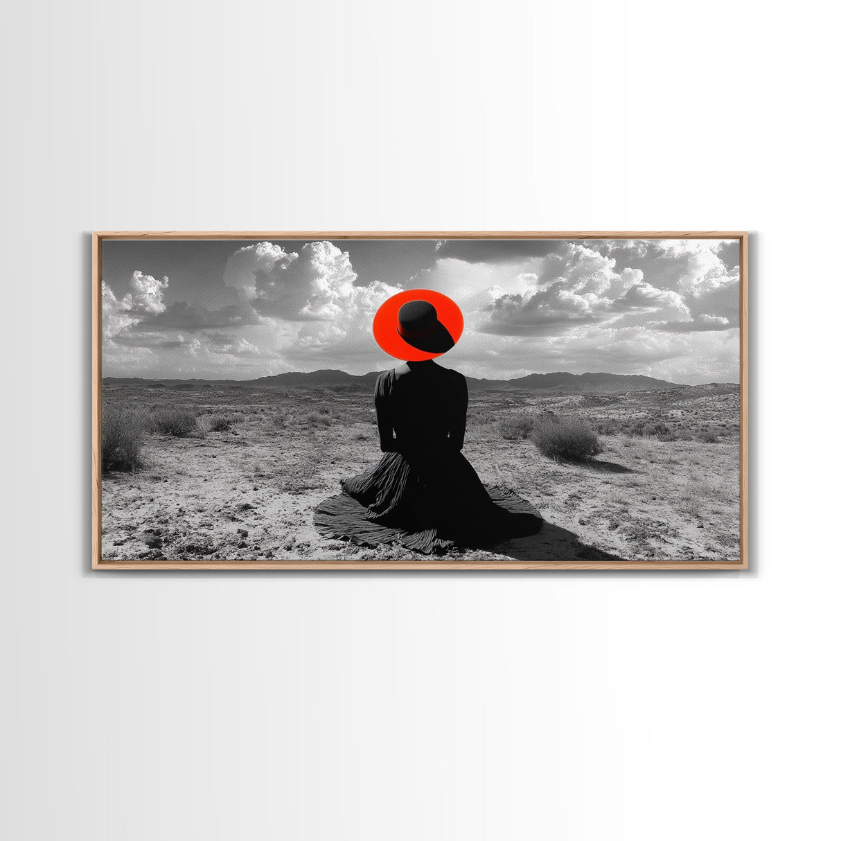 Red Hat Woman, Surreal Desert, Fashion Silhouette, Framed Canvas Print, Minimalist Wall Art, Bold Modern Decor, Bedroom Gallery Style
