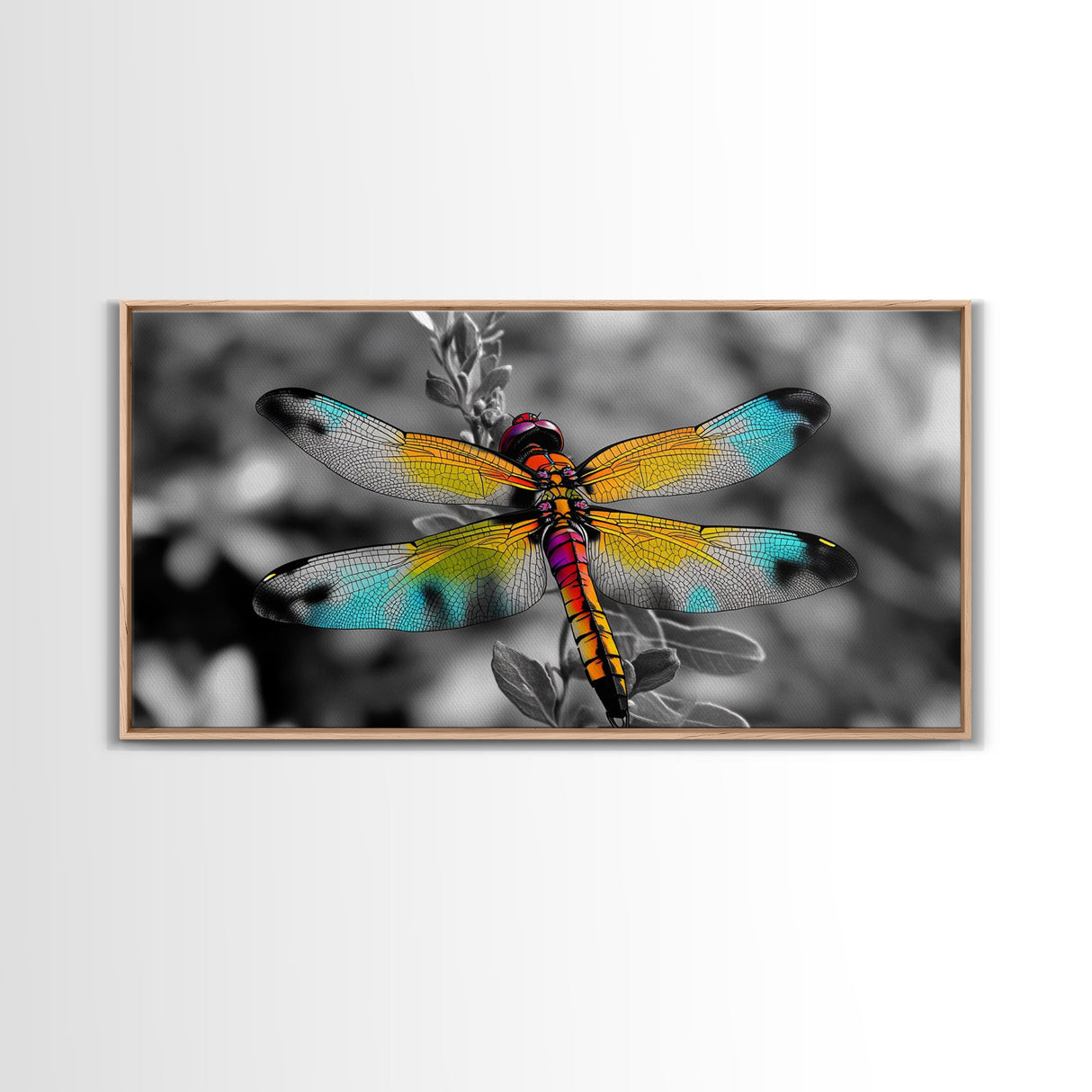 Rainbow Dragonfly, Nature Close-Up, Bold Insect Art, Canvas Print, Boho Wall Art, Botanical Decor, Vibrant Bedroom Accent Piece