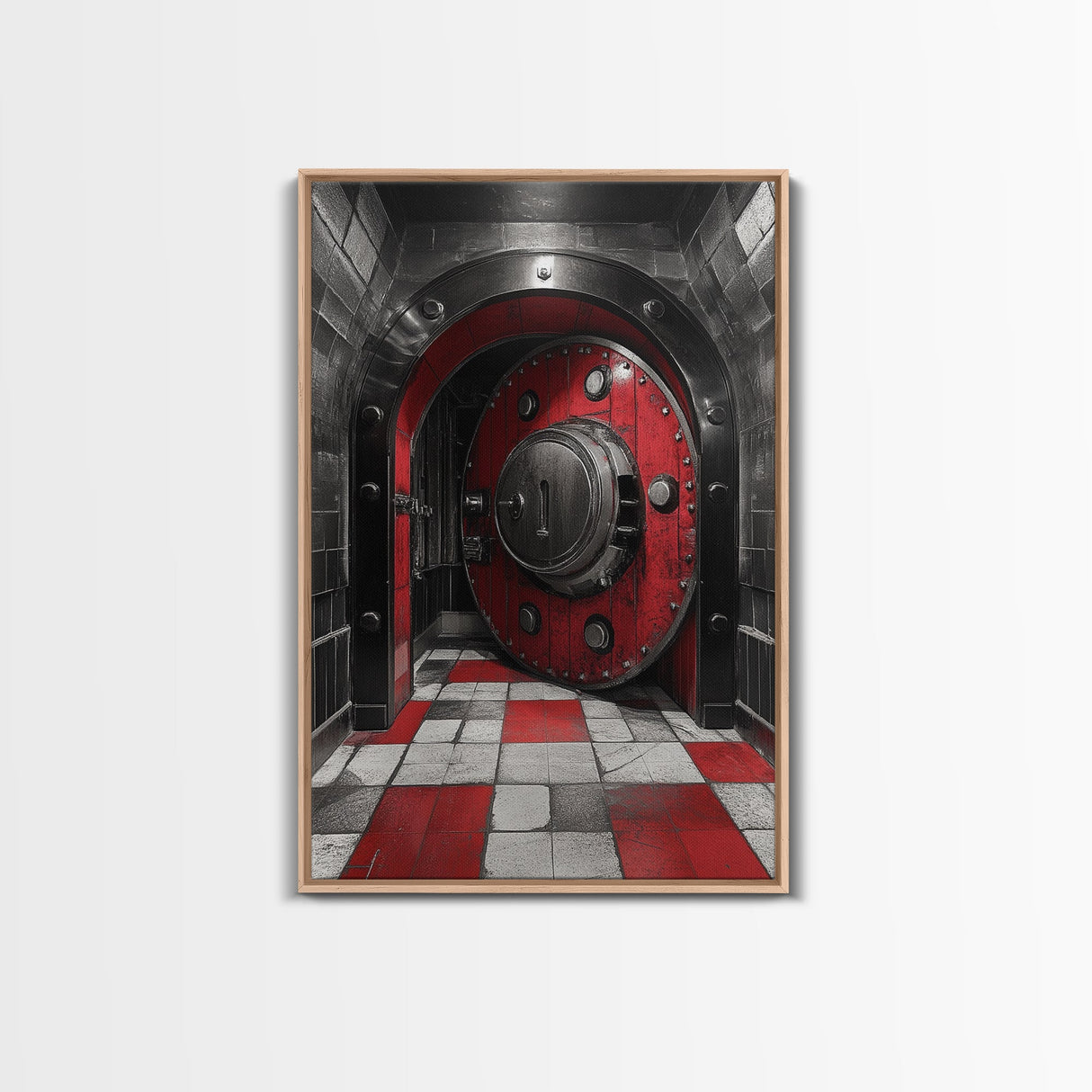 Red Vault Door, Industrial Style, Bold Security, Framed Canvas Print, Urban Interior Wall Art, Game Room Decor, Steampunk Vibes