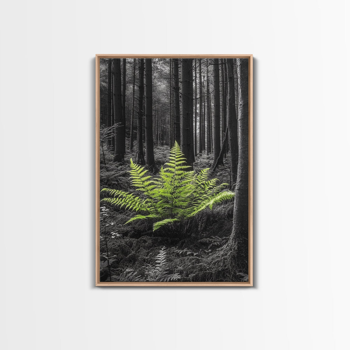 Green Fern, Forest Focus, Lush Nature, Woodland Light, Framed Canvas Print, Botanical Wall Art, Bedroom Decor, Minimalist Plant Art