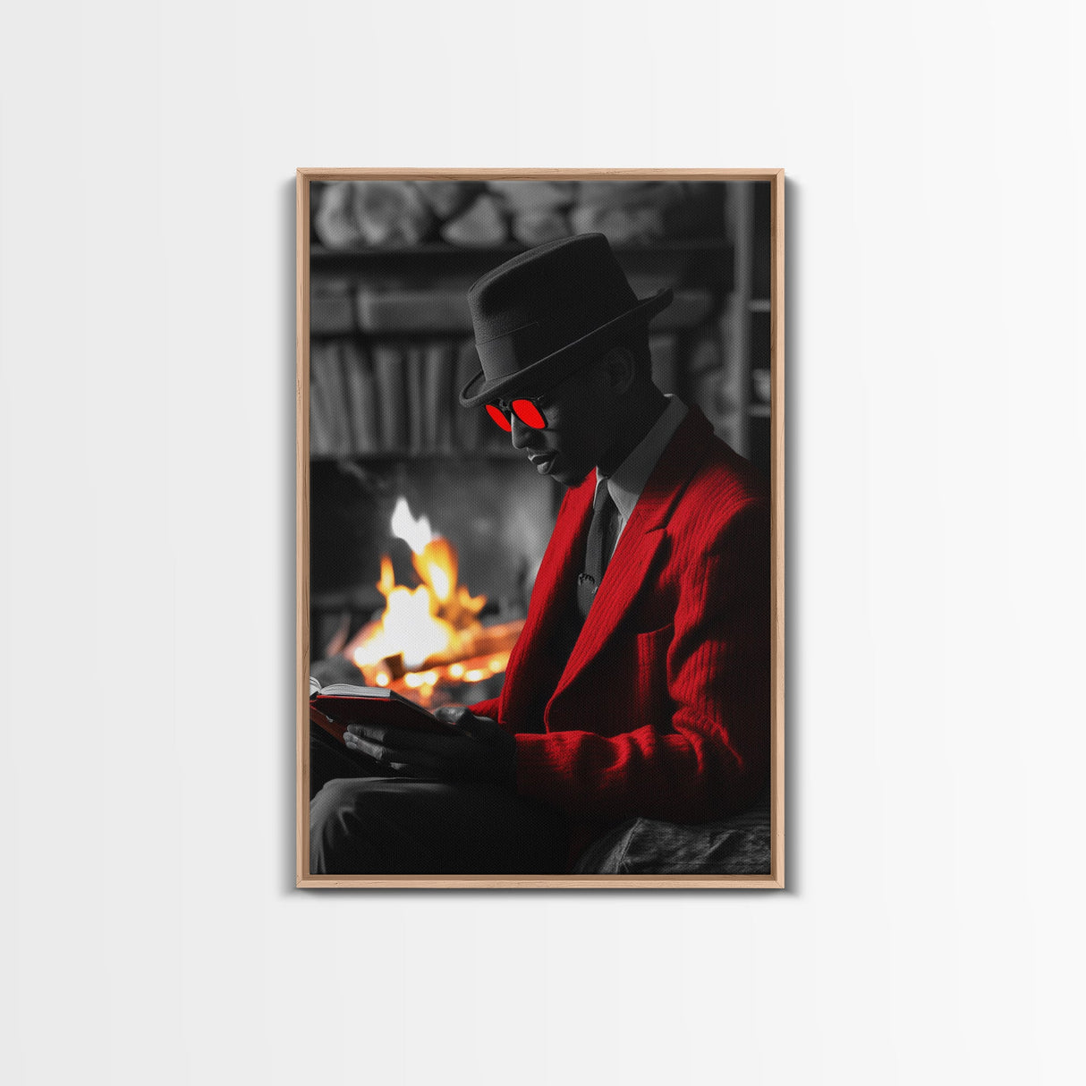 Red Jacket, Reading Firelight, Cozy Vibes, Stylish Man, Framed Canvas Print, Fall Wall Art, Office Decor, Modern Masculine Art