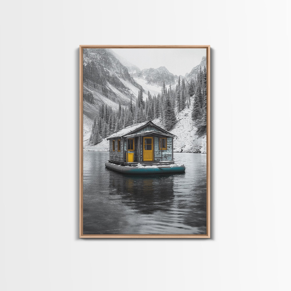 Winter Cabin, Floating House, Snowy Pines, Mountain Lake, Canvas Print, Minimalist Winter Wall Art, Cabin Decor, Neutral Nature Scene