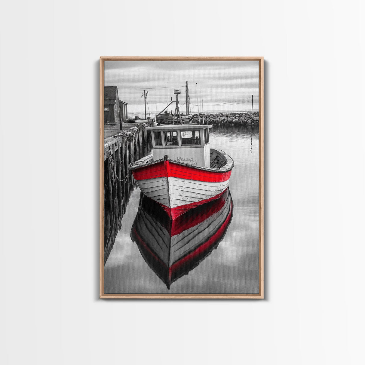 Red Fishing Boat, Harbor Calm, Nautical Charm, Canvas Print, Coastal Kitchen Wall Art, Maritime Theme, Seaside Decor, Rustic Water Scene