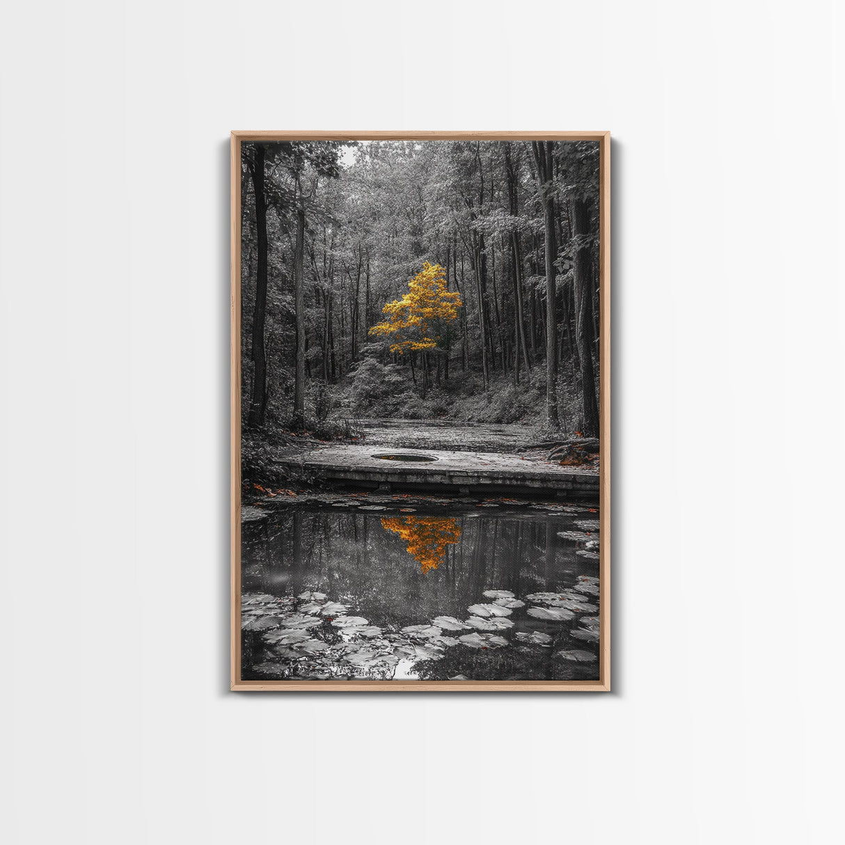 Lone Yellow Tree, Tranquil Pond, Forest Reflection, Canvas Print, Fall Nature Wall Art, Autumn Minimalist Decor, Peaceful Meditation Room