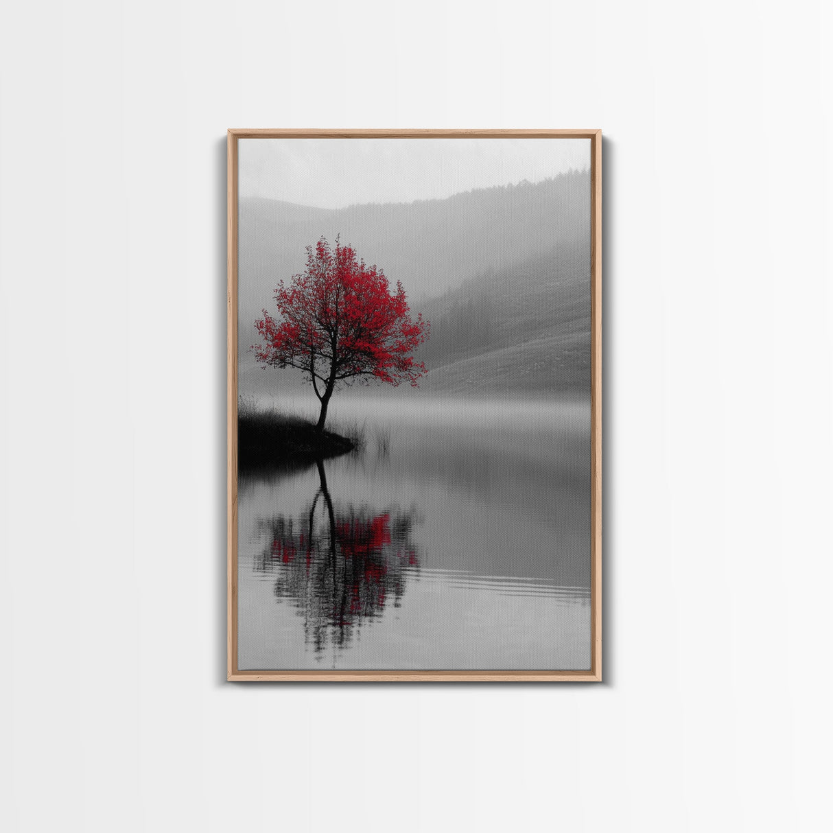 Red Tree, Foggy Lake, Peaceful Landscape Scene, Framed Canvas Print, Autumn Nature Wall Art, Minimalist Fall Decor, Moody Aesthetic