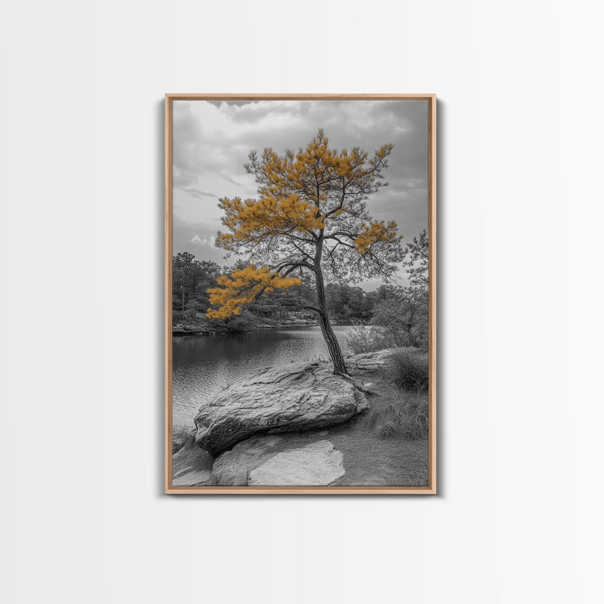 Golden Tree View, Nature Serenity, Fall Lake Art, Peaceful Pine, Framed Canvas Print, living room wall art, minimalist landscape print