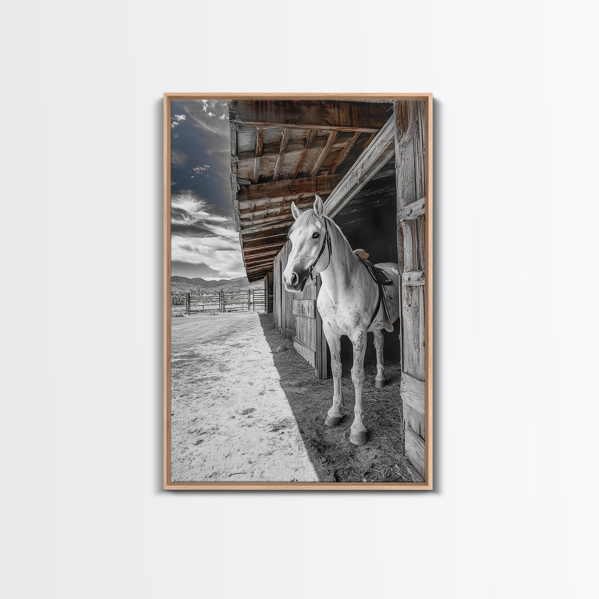 White Horse, Western Ranch, Rustic Stable, Cowboy Framed Canvas Print, Farmhouse Wall Art, Country Living Room Decor, Black White Art