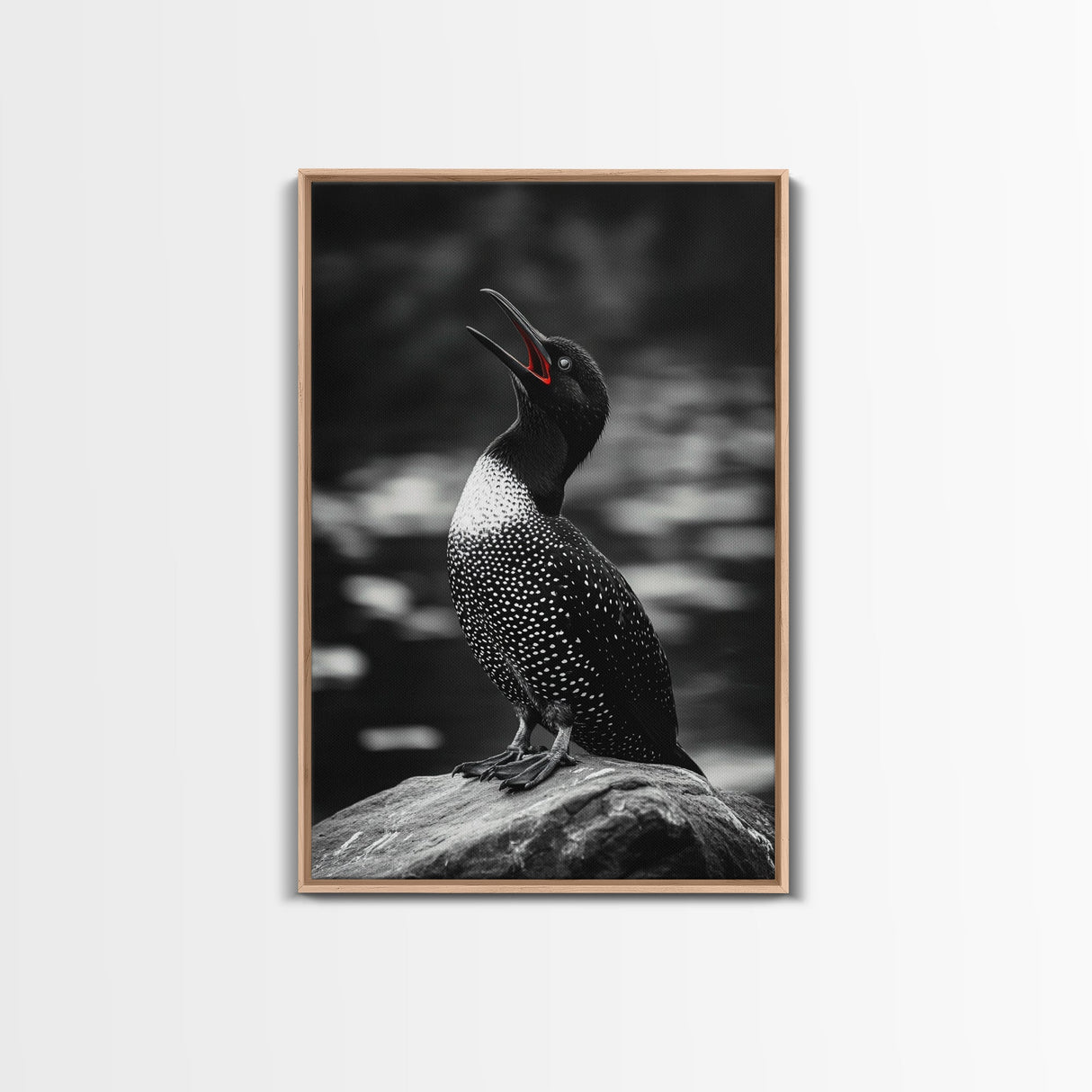 Loon Call, Singing Bird, Red Beak, Monochrome Framed Canvas Print, Wildlife Wall Decor, Bird Lover Wall Art, Rustic Cabin Accent