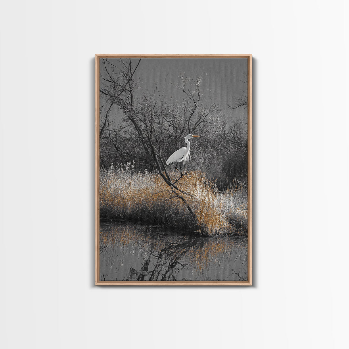 Egret Bird Scene, Autumn Riverbank, Wildlife Nature Print, Moody Wetland Landscape, Framed Canvas Print, Rustic Living Room Wall Art