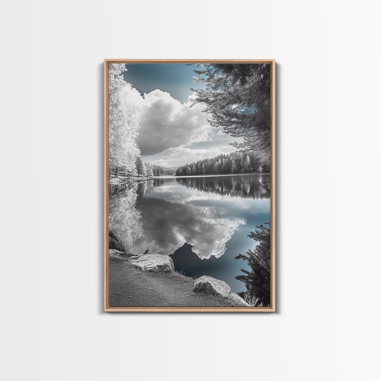 Mountain Lake Clouds, Serene Forest Reflection, Scenic Nature Photography, Framed Canvas Print, Bedroom Tranquility Wall Art