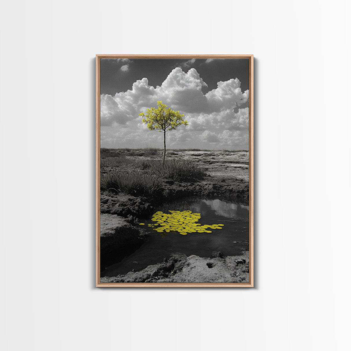 Solitary Tree, Desert Reflection, Yellow Leaves, Framed Canvas Print, Minimalist Wall Art, Bedroom Decor, Nature Fine Art Landscape