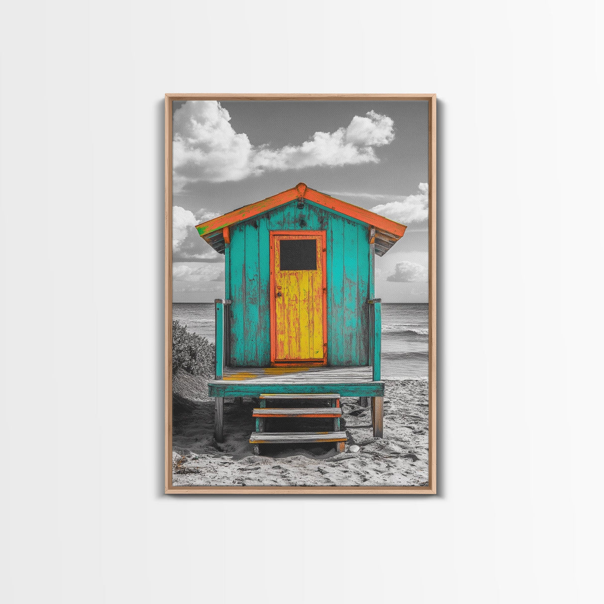 Colorful Beach Hut, Surf Shack, Coastal Cabin, Framed Canvas Print, Tropical Wall Art, Living Room Decor, Bright Summer Home Style