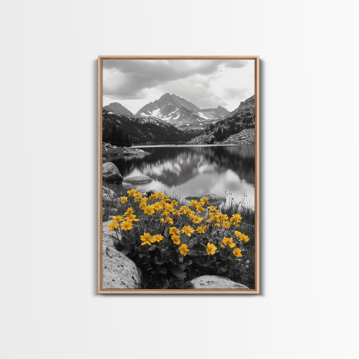 Yellow Wildflowers Lake, Alpine Meadow, Monochrome Landscape, Canvas Print, Kitchen Wall Art, Spring Nature Photography Decor