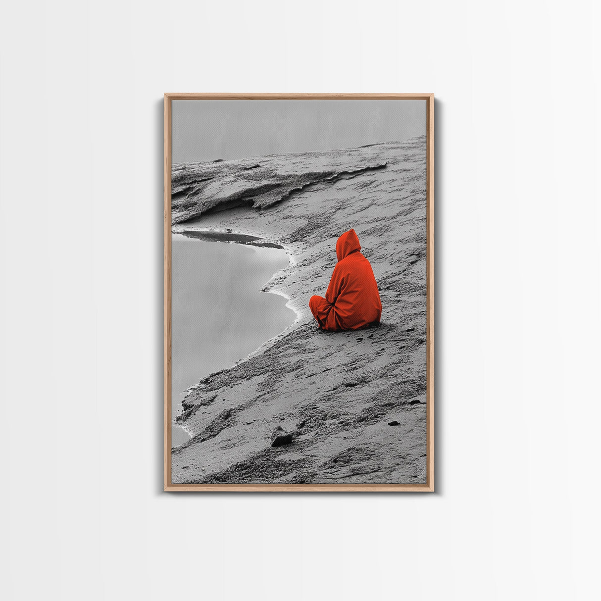 Red Cloaked Solitude, Minimalist Seashore, Peaceful Hooded Figure, Framed Canvas Print, Meditation Room Art, Surreal Photography