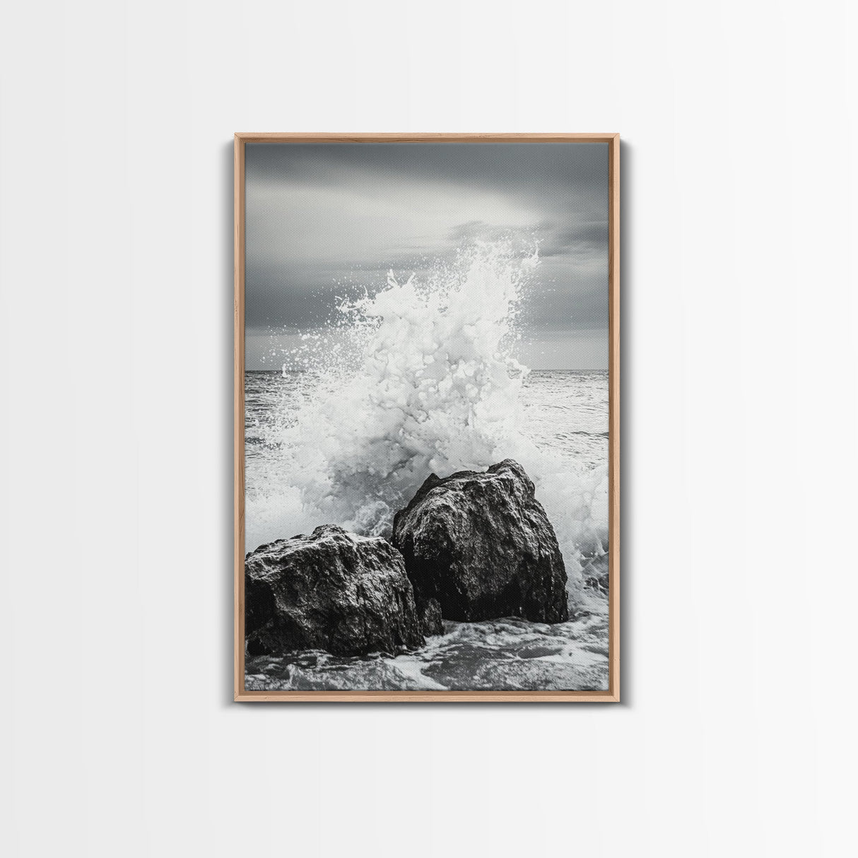 Ocean Splash, Rocky Coast, Dramatic Seascape, Monochrome Power, Framed Canvas Print, Coastal Wall Art, Entryway or Office Decor