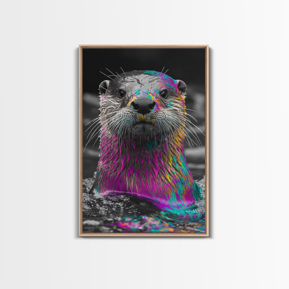 Colorful Otter, Vibrant Animal, Rainbow Fur, Framed Canvas Print, Kids Room Decor, Whimsical Wildlife Art, Playroom Wall Art, Bold Style