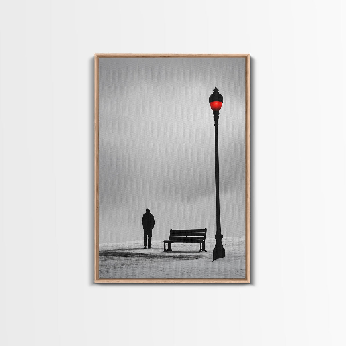 Red Street Lamp, Snowy Walkway, Silhouette Scene, Framed Canvas Print, Moody Wall Art, Minimalist Decor, Winter Vibes, Bedroom Accent