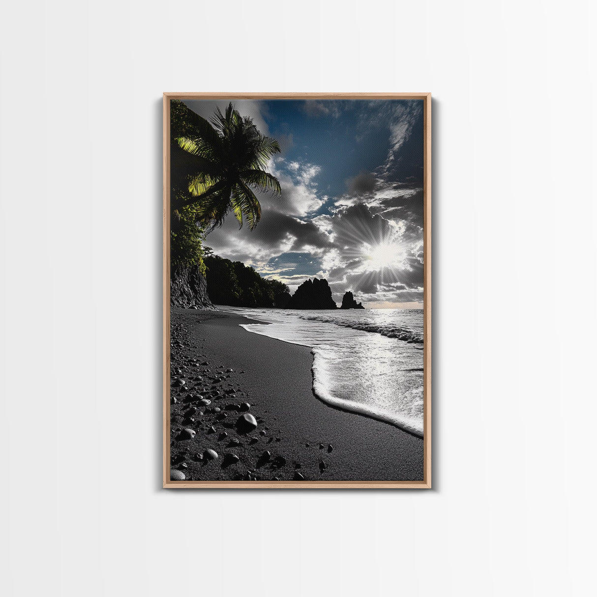 Sunset Beach, Rocky Coast, Dramatic Sky, Bold Light, Framed Canvas Print tropical sunset wall art, beach photography, bathroom decor