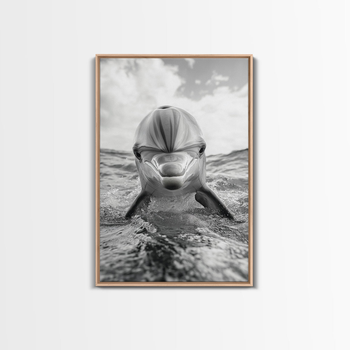 Dolphin Splash, Ocean Encounter, Monochrome Wildlife, Canvas Print, Coastal Wall Art, Bathroom Decor, Marine Animal Photography