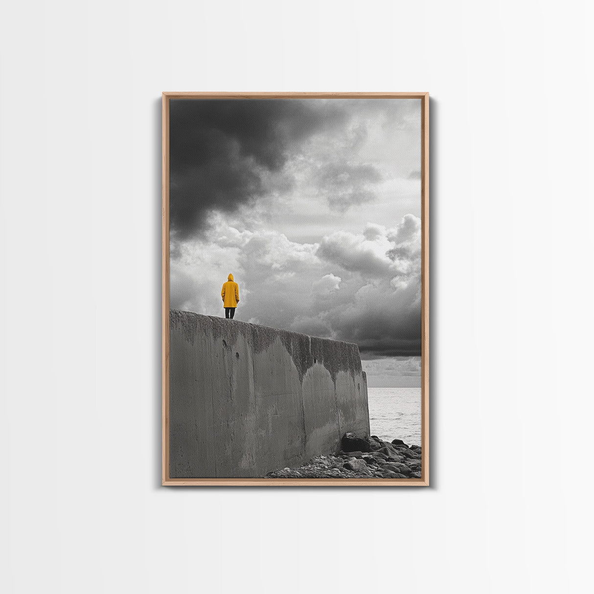 Yellow Raincoat, Ocean Storm, Moody Skies, Framed Canvas Print, Minimalist Wall Art, Coastal Entryway Decor, Contemplative Scene