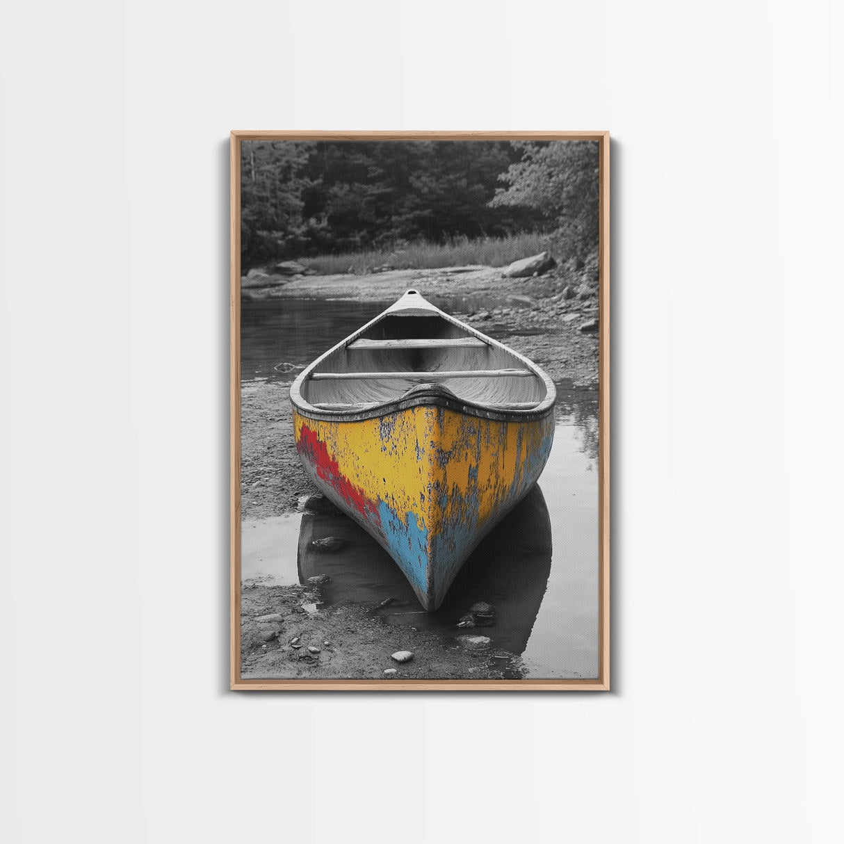 Rustic Canoe, Weathered Paint, River Adventure Art, Framed Canvas Print, Cabin Wall Decor, Color Pop Nature Photography