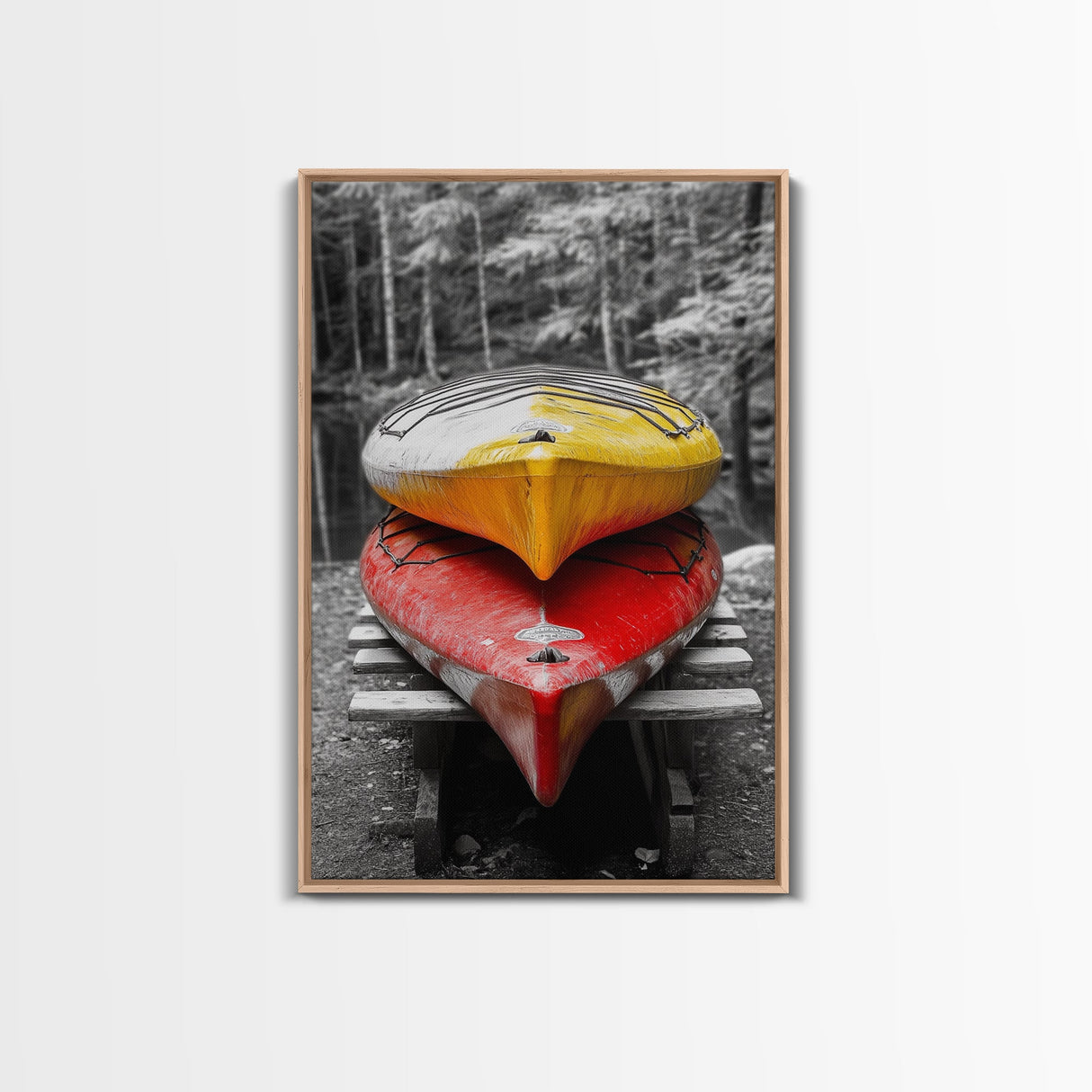 Stacked Kayaks, Red and Yellow, Forest Wall Art, Canvas Print, Adventure Photography, Outdoor Cabin Decor, Fall Travel Vibes