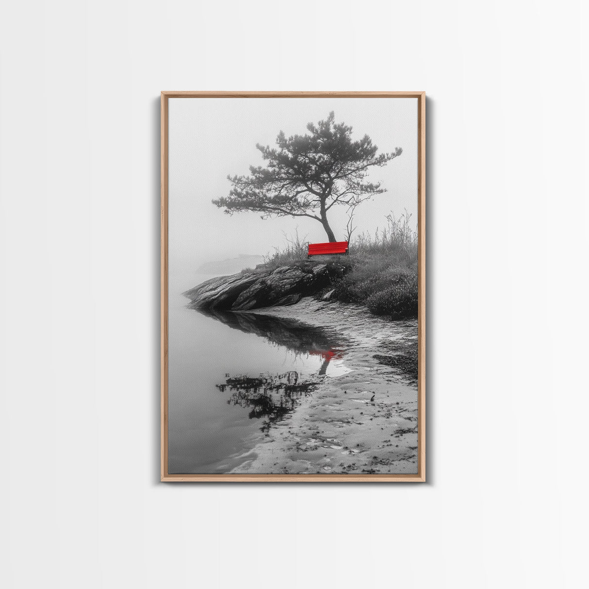 Red Bench, Misty Shore, Solitude Scene, Moody Fog Art, Framed Canvas Print, Minimalist Wall Art, Meditative Decor, Entryway Accent