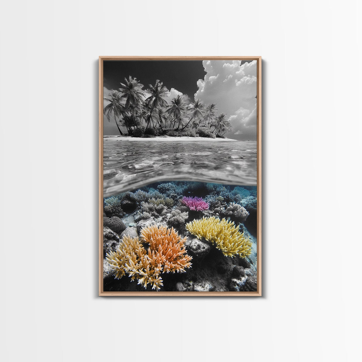 Island View, Coral Reef, Overwater Split Scene, Framed Canvas Print, Coastal Wall Art, Beach House Decor, Ocean Landscape Art
