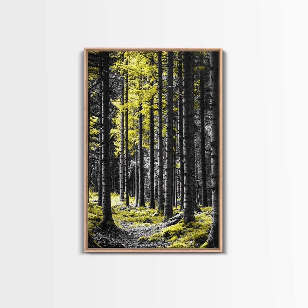 Yellow Forest, Tall Pines, Woodland Scene, Framed Canvas Print, Modern Nature Wall Art, Cabin Living Room Decor, Fall Forest Art