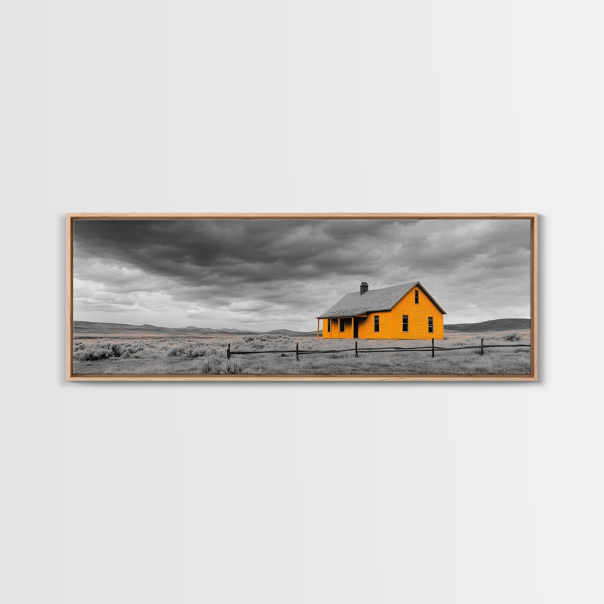 Yellow House, Stormy Sky, Minimalist Landscape, Rural Farmhouse, Framed Canvas Print, Rustic Wall Decor, Living Room Wall Art