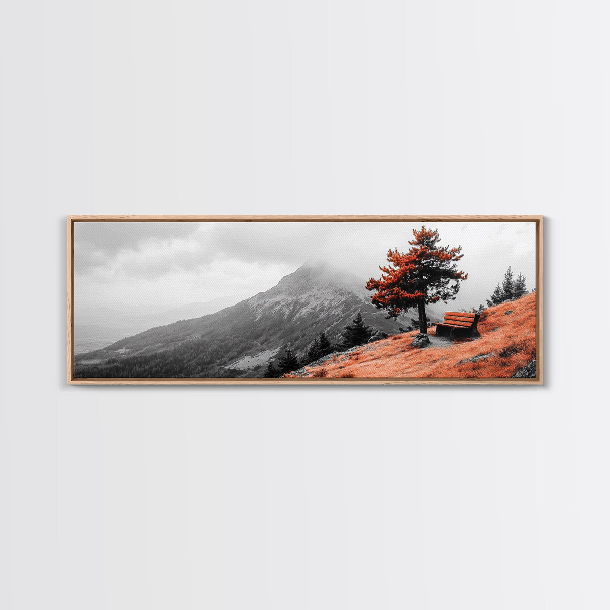 Scenic Bench, Autumn Hills, Serene Vista, Orange Tree — Framed Canvas Print, Minimalist Landscape Art, Fall Home Decor, Bedroom Wall Art
