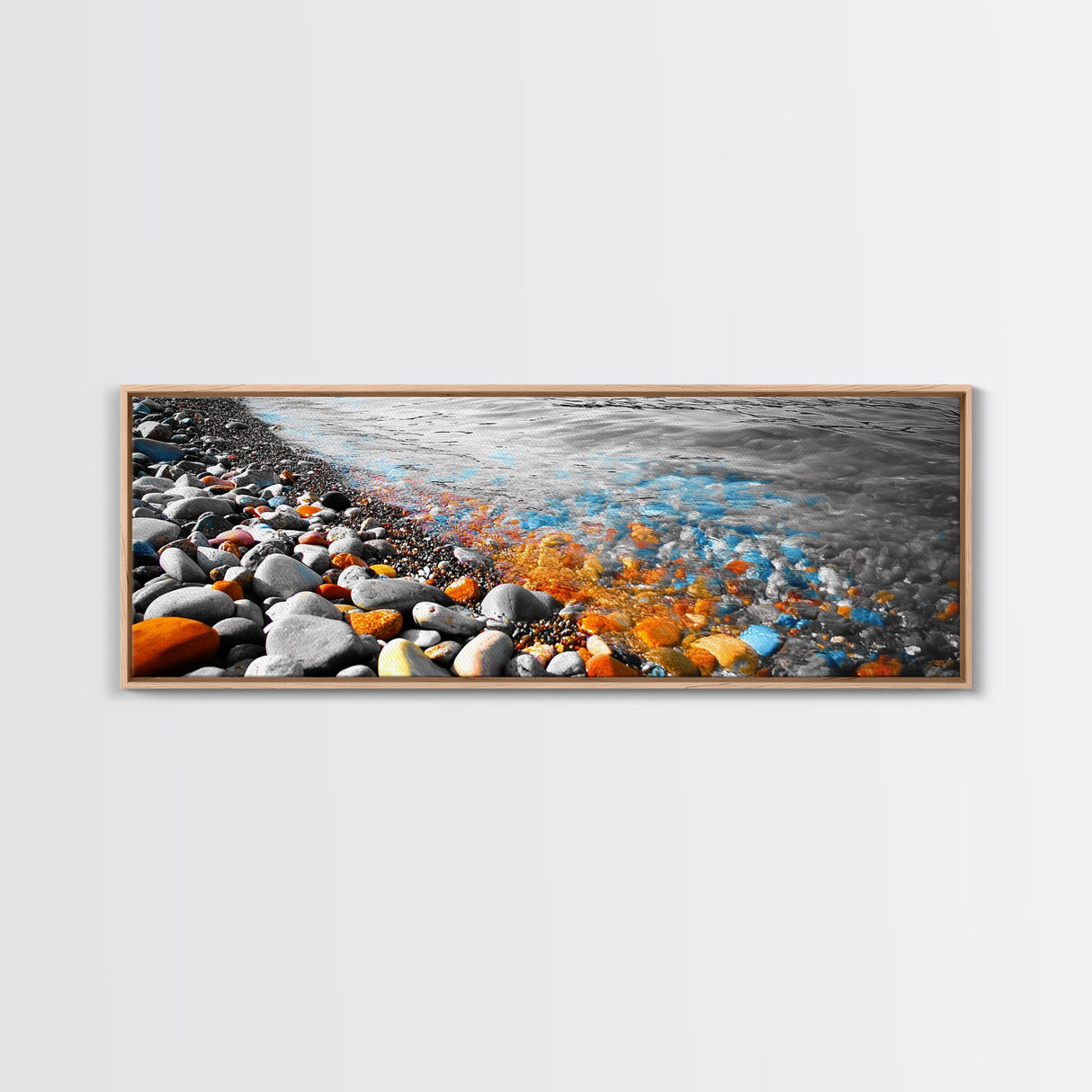 Colorful Pebble Shore, Vibrant Lake Stones, Blue Orange Rocks, Framed Canvas Print, Boho Coastal Style, Bathroom Wall Art