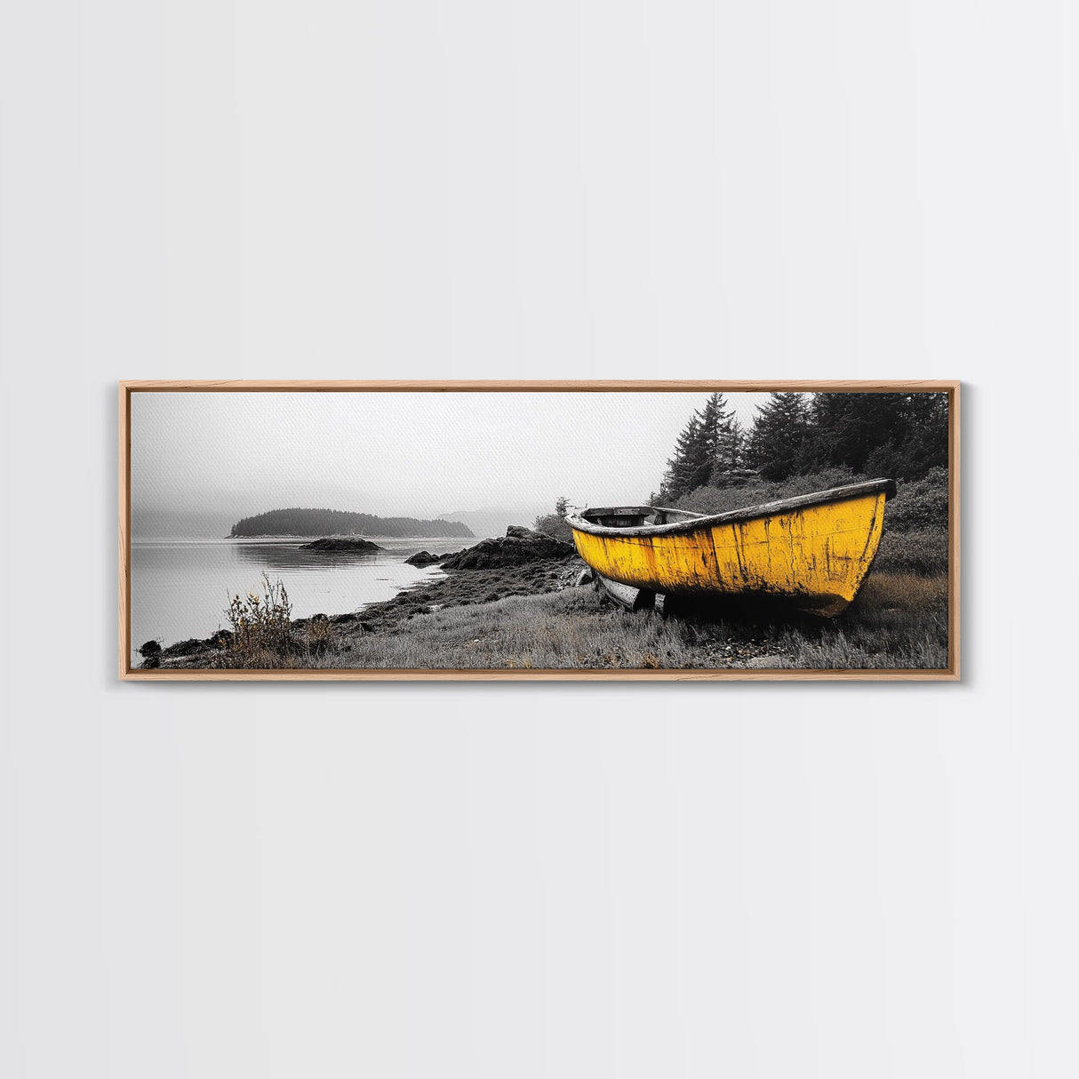 Yellow Rowboat Scene, Misty Coastal Landscape, Abandoned Boat Art, Framed Canvas Print, Rustic Nautical, Office Wall Art