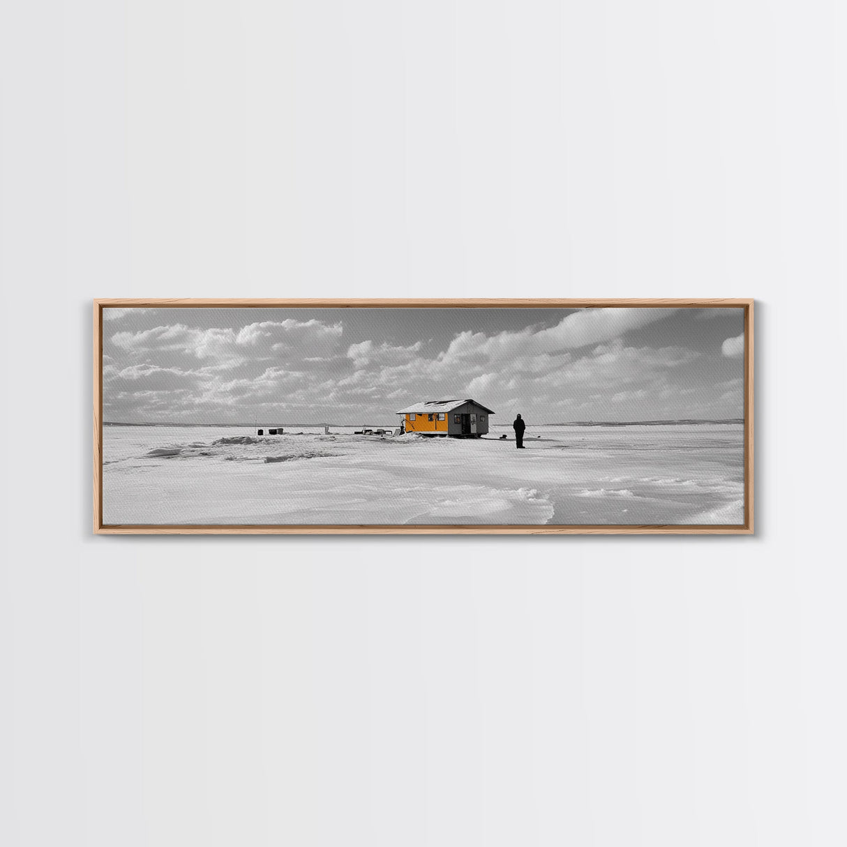Winter Fishing, Ice House, Snowy Sky, Arctic Chill, Framed Canvas Print, Cabin Wall Art, Minimalist Winter Decor, Monochrome Scene