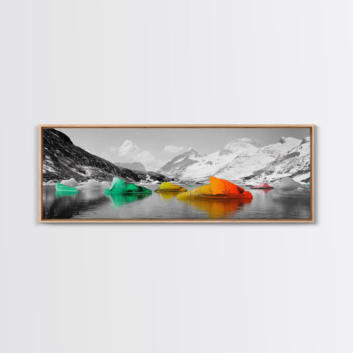 Rainbow Icebergs, Arctic View, Frozen Sea, Vibrant Chill, Framed Canvas Print, Kids Room Art, Surreal Landscape, Winter Fantasy