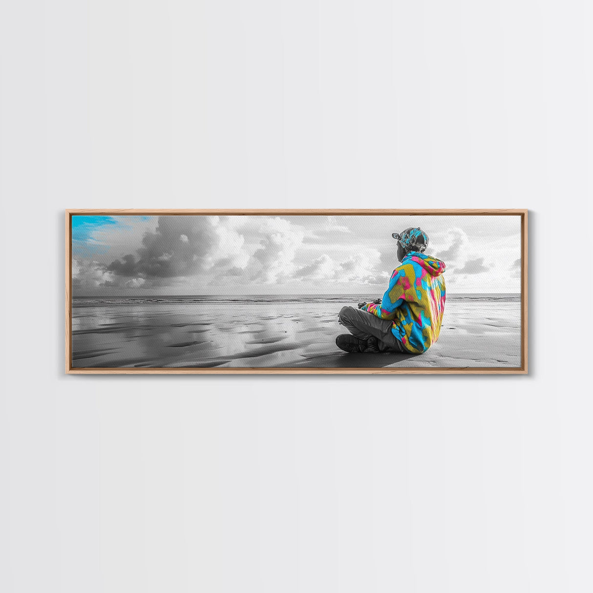 Colorful Hoodie, Peaceful Ocean, Reflective Moment, Street Style, Framed Canvas Print, Boho Wall Art, Teen Bedroom Decor