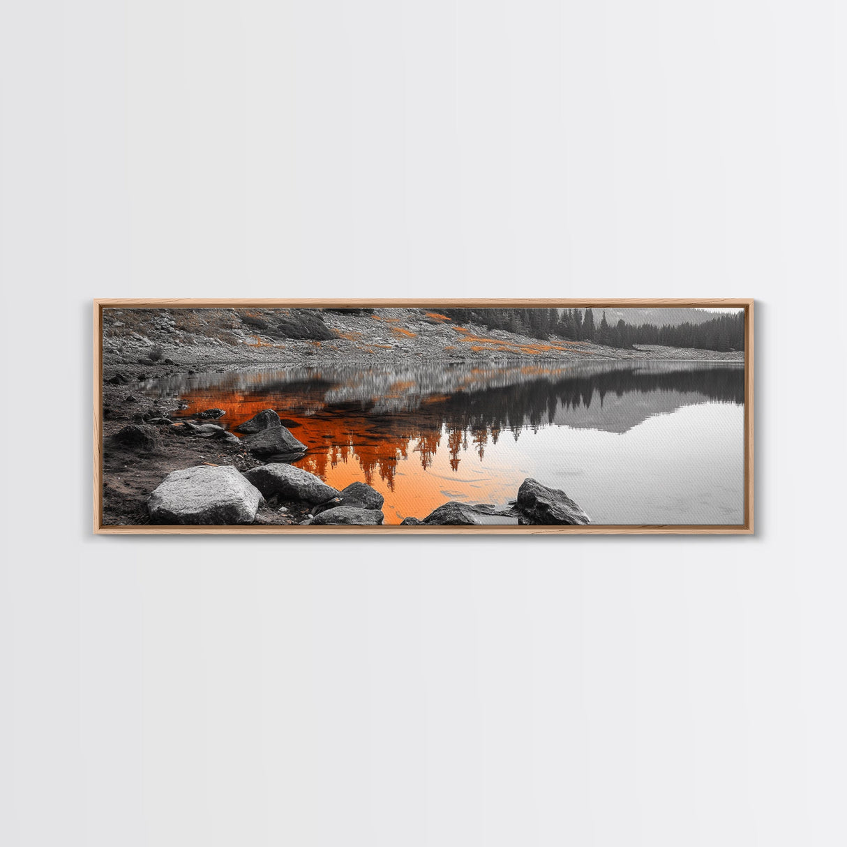 Orange Reflection Lake, Rocky Shoreline, Autumn Forest View, Canvas Print, Nature Photography, Rustic Wall Art, Cabin Living Room Decor