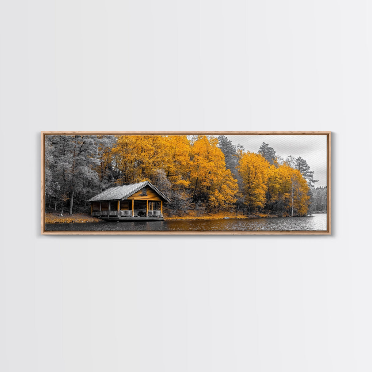 Fall Forest Cabin, Golden Autumn Trees, Riverside Retreat, Framed Canvas Print, Rustic Country Wall Art, Living Room Cabin Decor