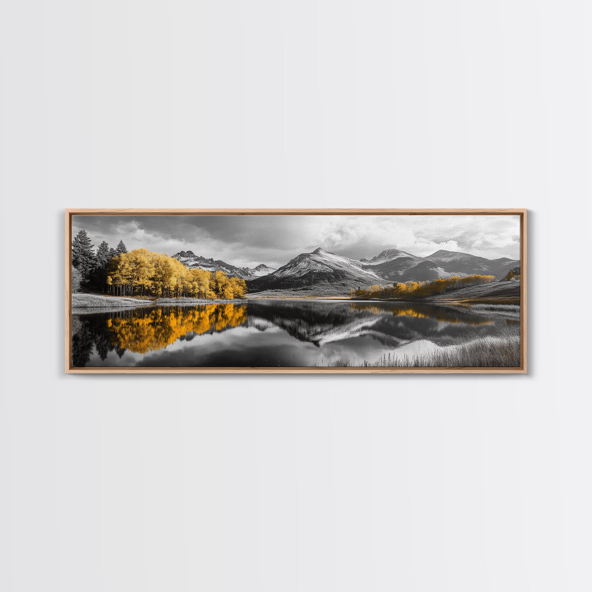Yellow Autumn Forest, Lake Reflection, Black White Mountains, Canvas Print, Rustic Wall Art, Living Room Nature Scene