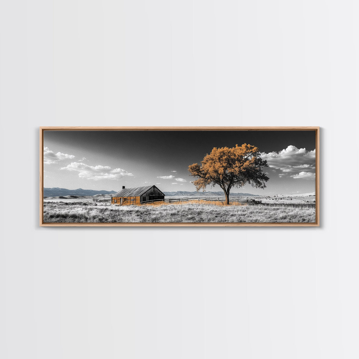 Prairie Cabin, Golden Tree, Rural Landscape, Open Sky, Framed Canvas Print, Country Decor, Farmhouse Wall Art, Rustic Bedroom Style