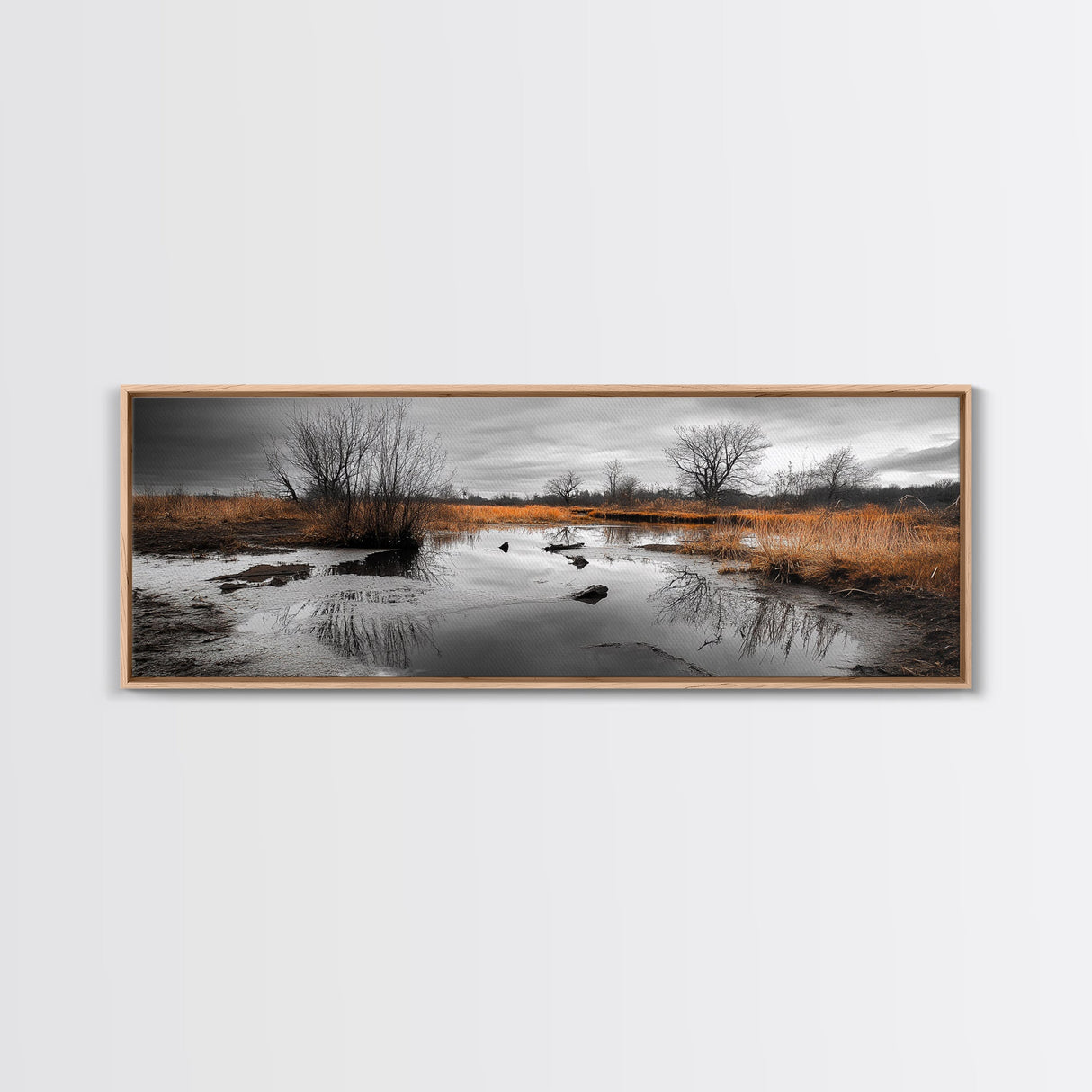 Marshland Autumn, Nature Landscape, Golden Hour Swamp View, Framed Canvas Print, Rustic Fall Home Decor, Entryway or Office Wall Art