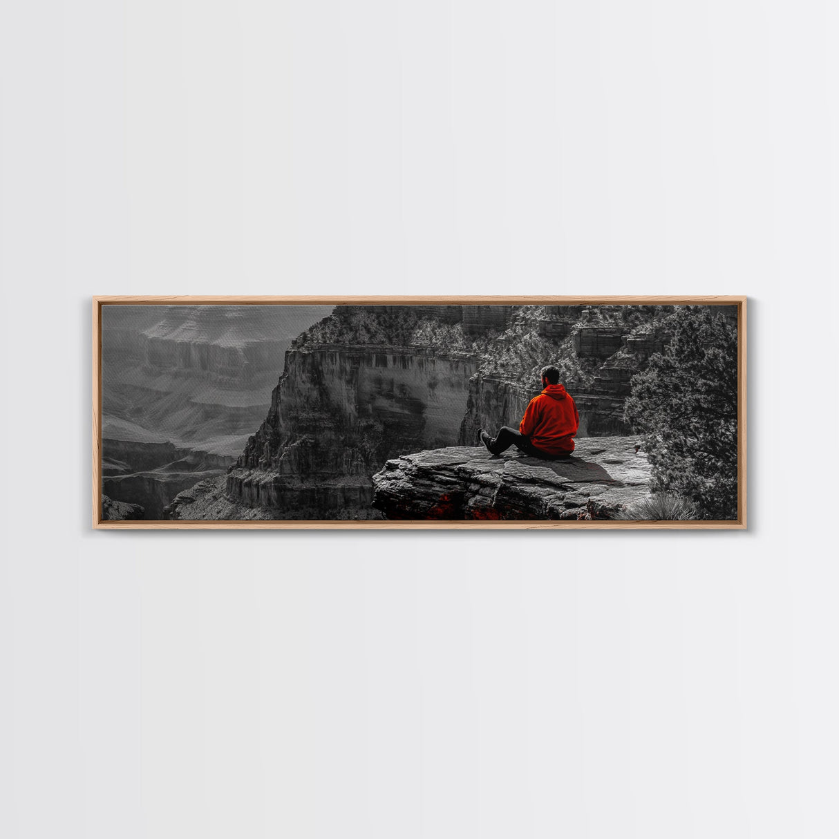 Grand Canyon, Meditation Art, Red Jacket, Adventure Scene, Framed Canvas Print, Hiking Wall Art, Man Cave Decor, Minimalist Landscape
