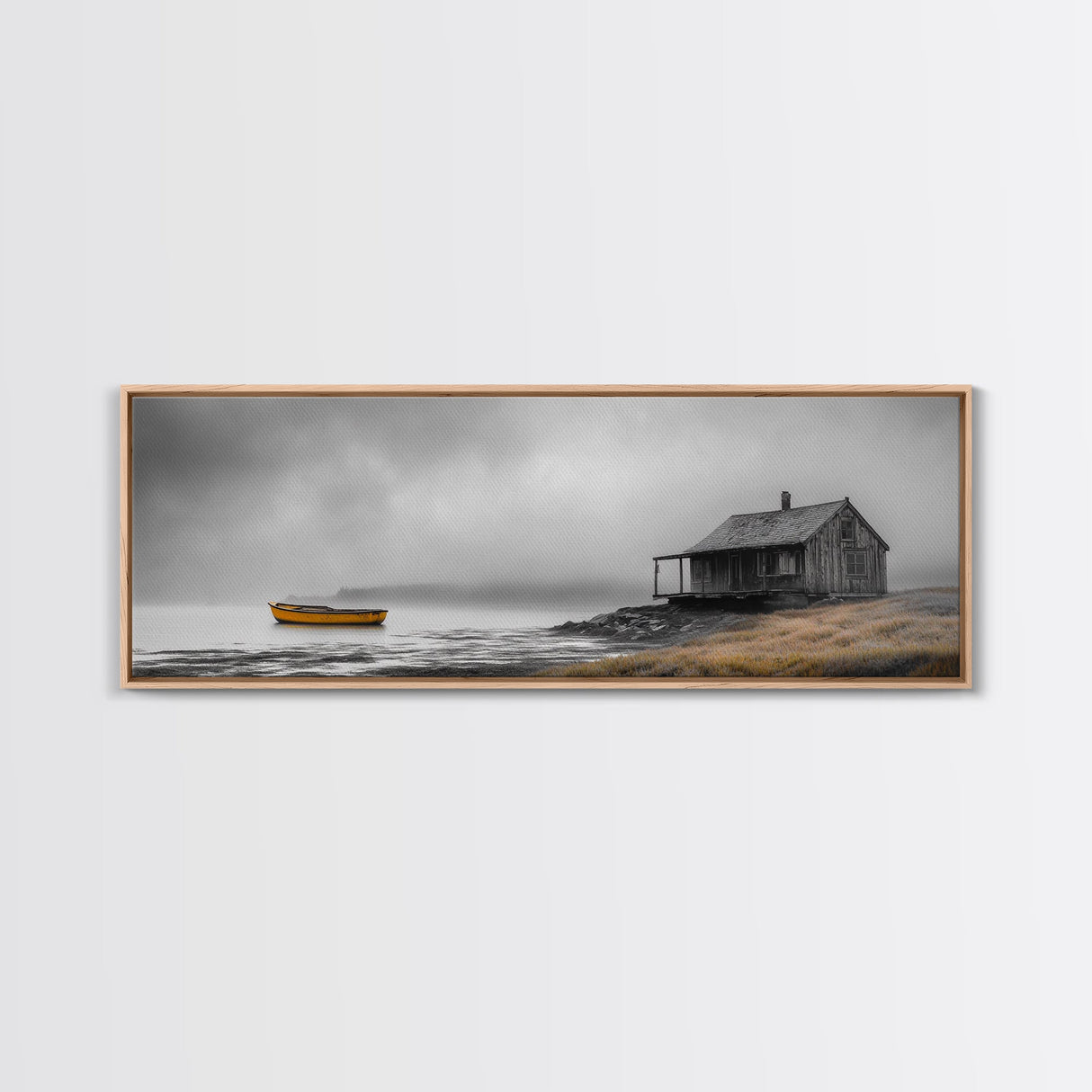 Foggy Lake, Yellow Boat, Rustic Cabin, Coastal Calm, Framed Canvas Print, Autumn Wall Art, Bedroom Decor, Minimalist Nature Photography