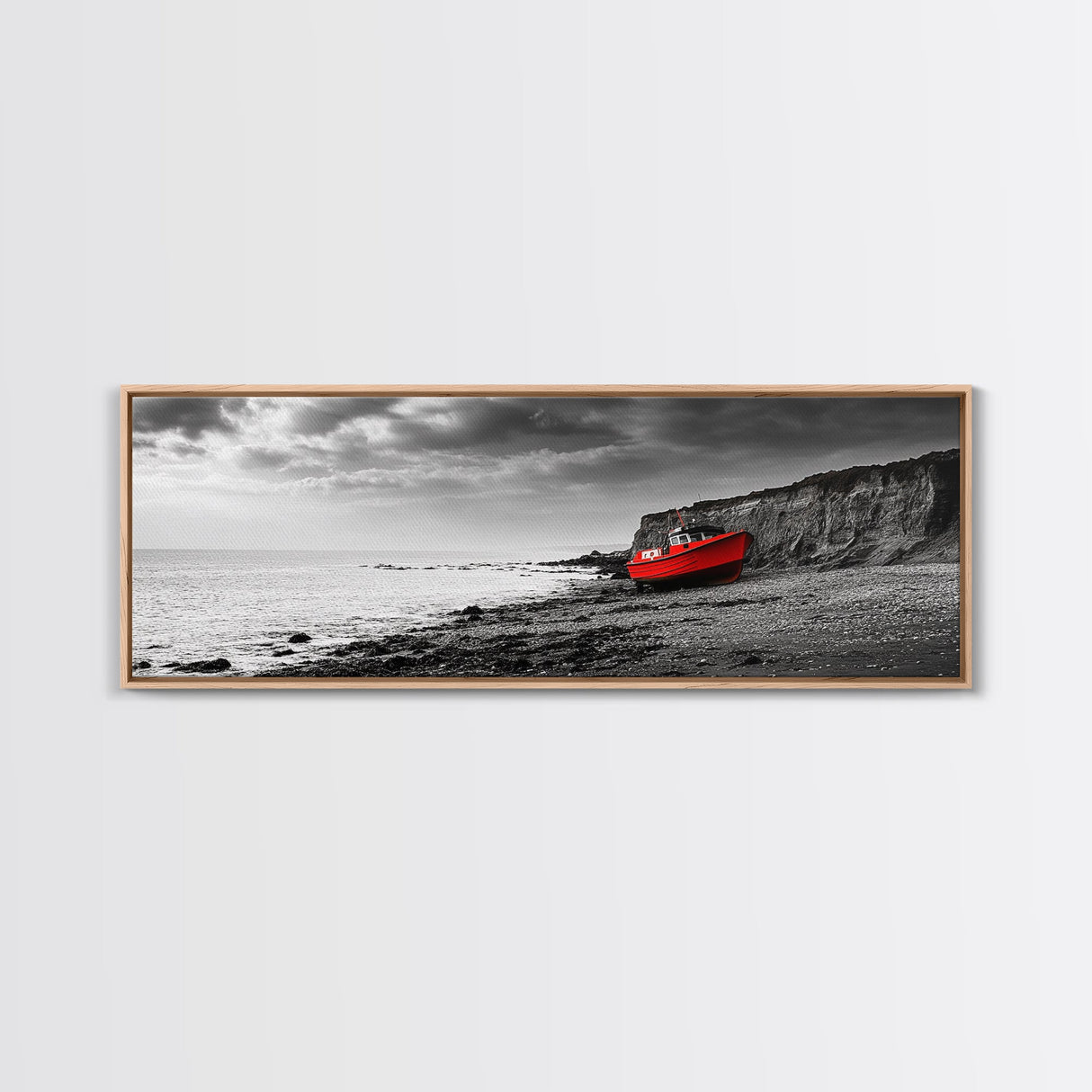 Red Boat, Rocky Shore, Dramatic Sky, Abandoned Vessel, Framed Canvas Print, Nautical Living Room Art, Moody Coastal Home Decor